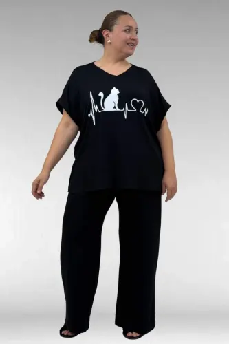 67804 Büyük Beden Yanı Yırtmaçlı Penye Pijama Takımı - Siyah - BÜYÜKBEDENIZ (1)