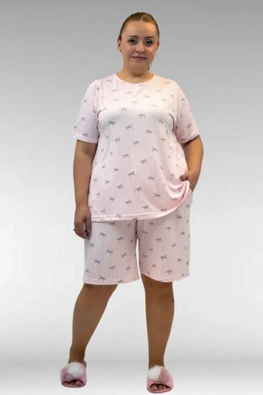 67805 Büyük Beden Desenli Şort-Tişört Pijama Takımı - Antrasit Kurdele Desenli - 1