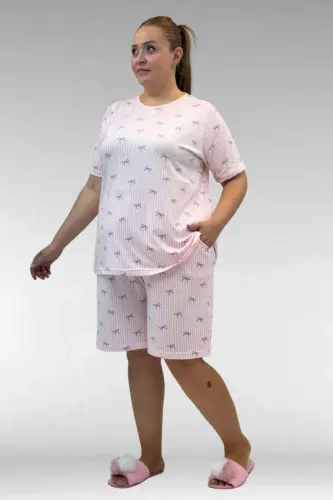 67805 Büyük Beden Desenli Şort-Tişört Pijama Takımı - Antrasit Kurdele Desenli - BÜYÜKBEDENIZ (1)