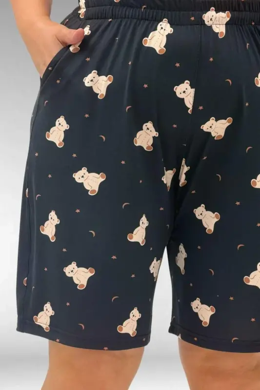 67805 Büyük Beden Desenli Şort-Tişört Pijama Takımı - Ayıcık Desenli - 2