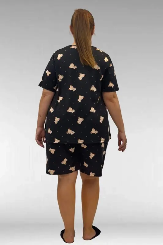 67805 Büyük Beden Desenli Şort-Tişört Pijama Takımı - Ayıcık Desenli - 3