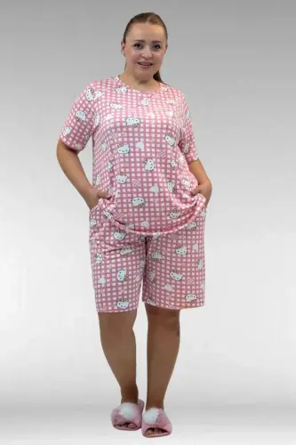 67805 Büyük Beden Desenli Şort-Tişört Pijama Takımı - Kedi Desenli - 1