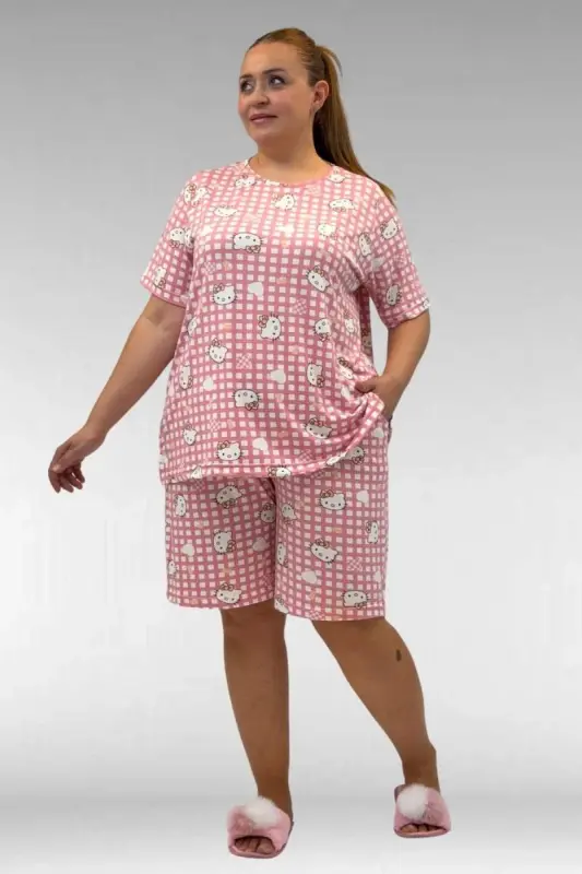 67805 Büyük Beden Desenli Şort-Tişört Pijama Takımı - Kedi Desenli - 2