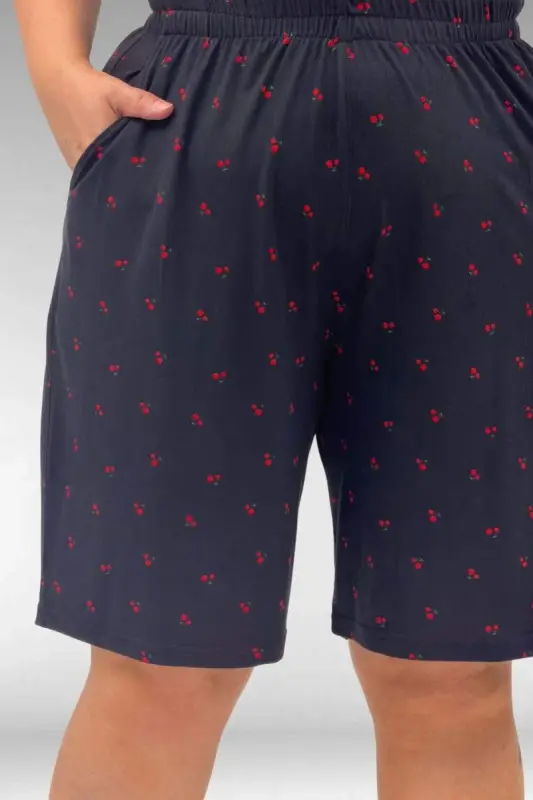 67805 Büyük Beden Desenli Şort-Tişört Pijama Takımı - Kiraz Desenli - 2