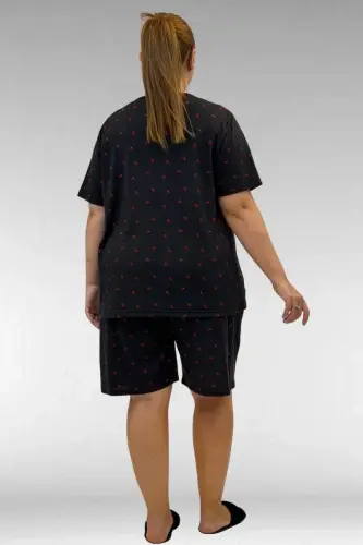 67805 Büyük Beden Desenli Şort-Tişört Pijama Takımı - Kiraz Desenli - 3