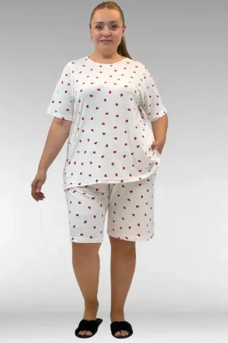 67805 Büyük Beden Desenli Şort-Tişört Pijama Takımı - Kırmızı Kalp Desenli - 1