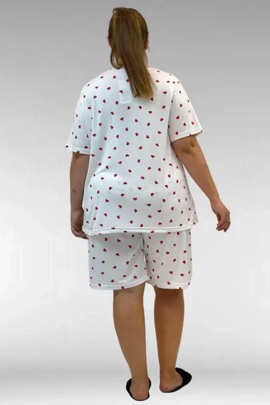 67805 Büyük Beden Desenli Şort-Tişört Pijama Takımı - Kırmızı Kalp Desenli - 3