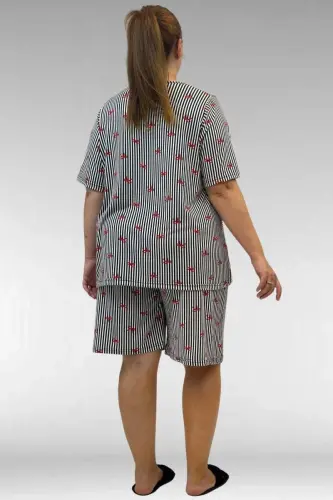 67805 Büyük Beden Desenli Şort-Tişört Pijama Takımı - Kırmızı Kurdele Desenli - 3