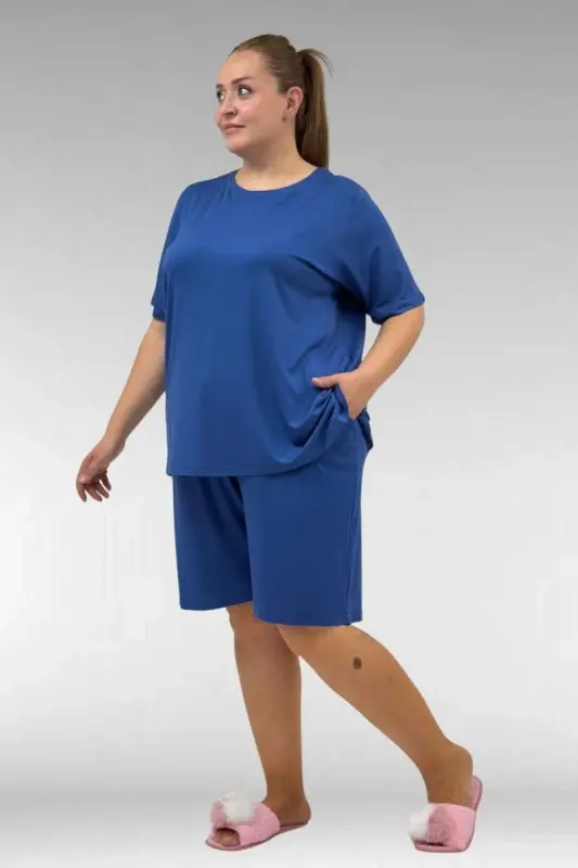 67806 Büyük Beden Şort -Tişört Penye Pijama Takımı - İndigo - 2