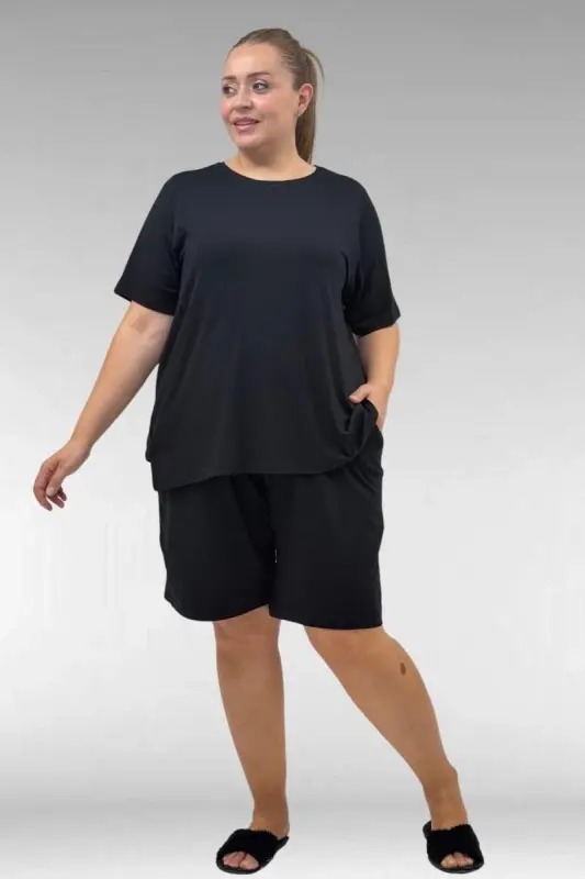 67806 Büyük Beden Şort -Tişört Penye Pijama Takımı - Siyah - BÜYÜKBEDENIZ