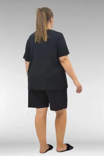 67806 Büyük Beden Şort -Tişört Penye Pijama Takımı - Siyah - 3