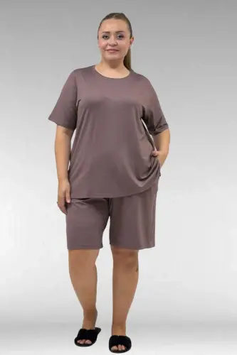 67806 Büyük Beden Şort -Tişört Penye Pijama Takımı - Vizon - 1