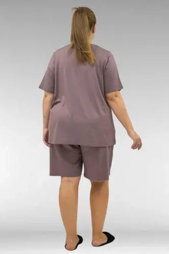67806 Büyük Beden Şort -Tişört Penye Pijama Takımı - Vizon - 3