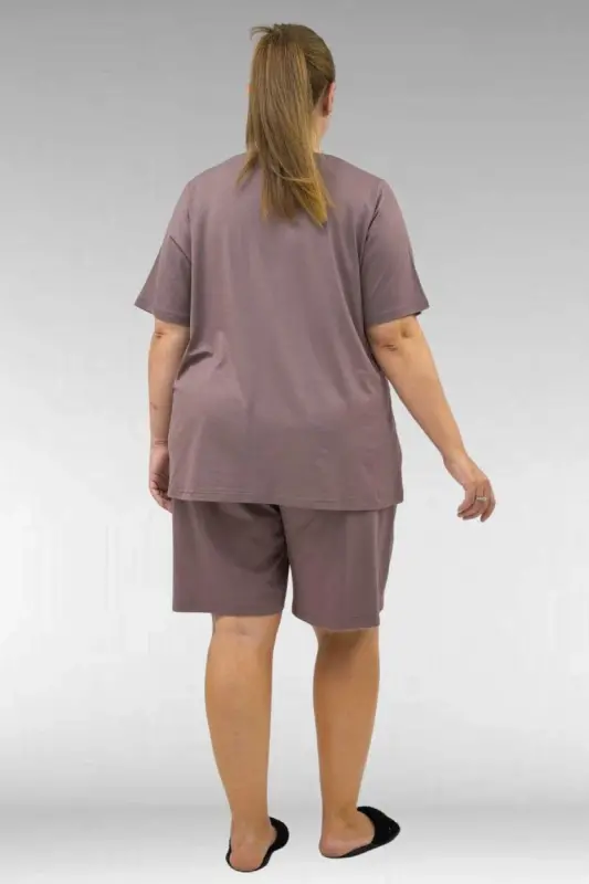 67806 Büyük Beden Şort -Tişört Penye Pijama Takımı - Vizon - 3