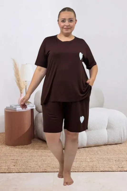 67807 Büyük Beden Baskılı Şort-Tişört Pijama Takımı - Kahve - 1