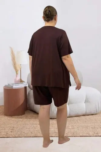 67807 Büyük Beden Baskılı Şort-Tişört Pijama Takımı - Kahve - 3