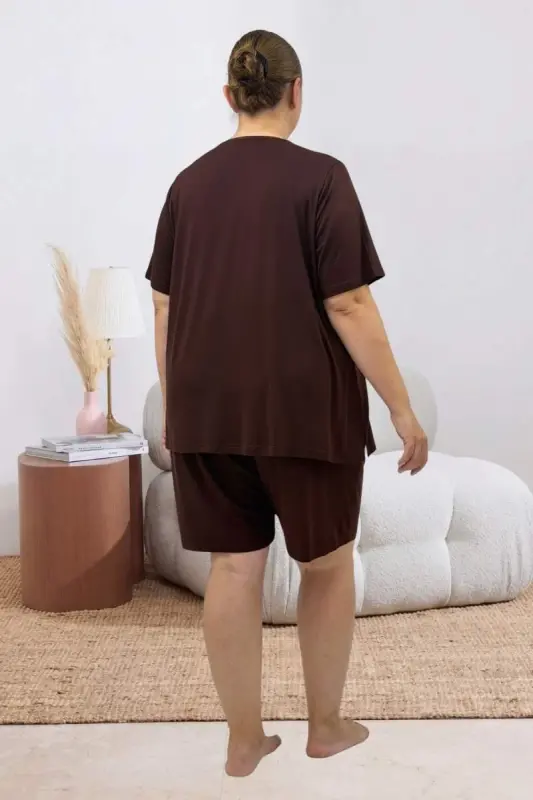 67807 Büyük Beden Baskılı Şort-Tişört Pijama Takımı - Kahve - 3