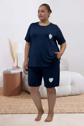 67807 Büyük Beden Baskılı Şort-Tişört Pijama Takımı - Petrol - BÜYÜKBEDENIZ (1)