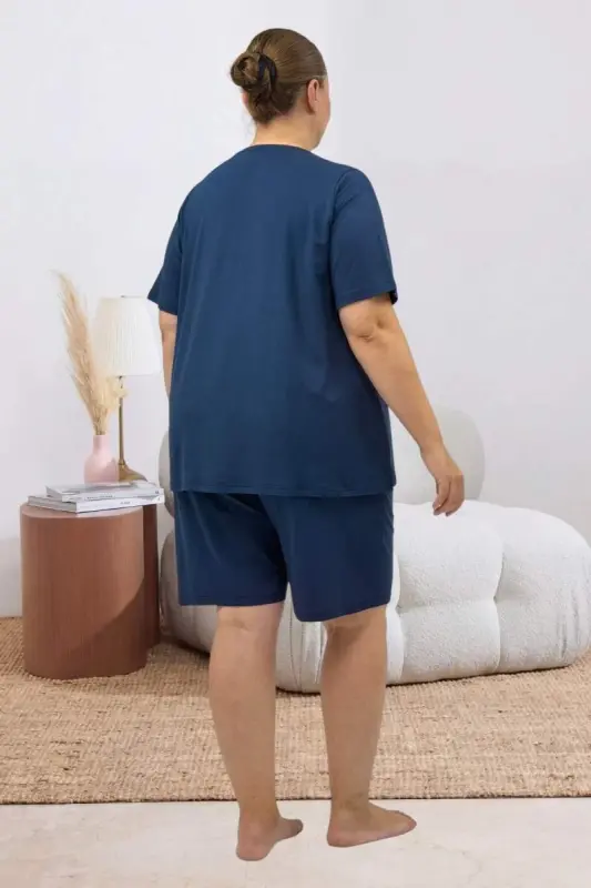 67807 Büyük Beden Baskılı Şort-Tişört Pijama Takımı - Petrol - 3