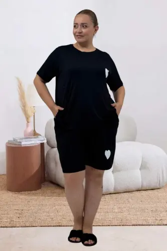 67807 Büyük Beden Baskılı Şort-Tişört Pijama Takımı - Siyah - 1