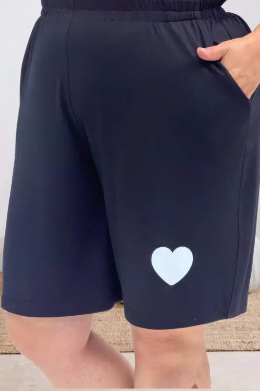 67807 Büyük Beden Baskılı Şort-Tişört Pijama Takımı - Siyah - 2