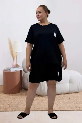 67807 Büyük Beden Baskılı Şort-Tişört Pijama Takımı - Siyah - 3