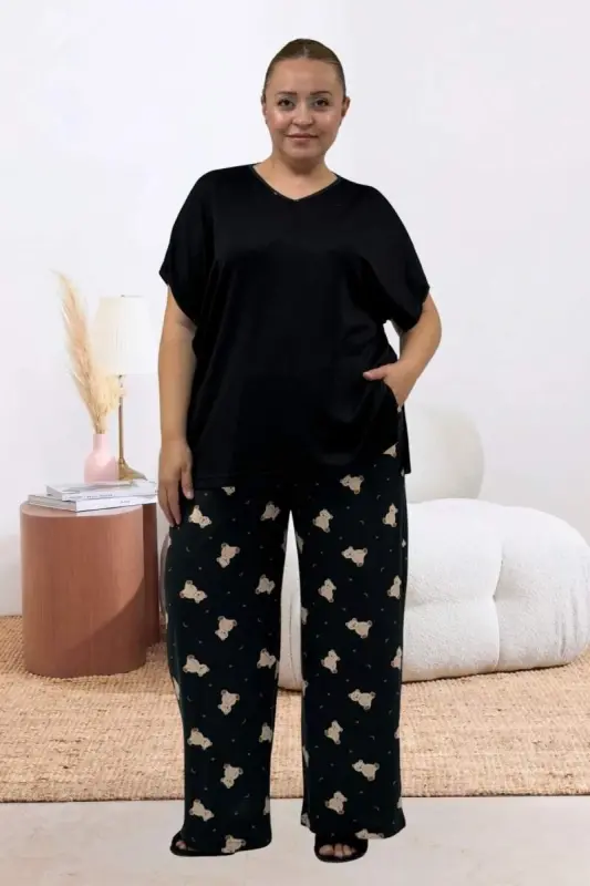 67808 Büyük Beden Kombinli Modal -Milan Pijama Takımı - Ayıcık Desenli - BÜYÜKBEDENIZ