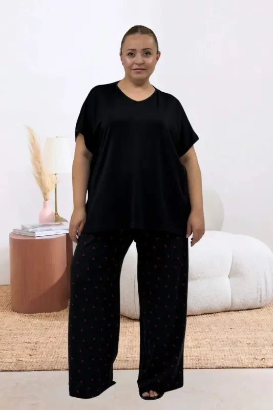 67808 Büyük Beden Kombinli Modal -Milan Pijama Takımı - Kiraz Desenli - BÜYÜKBEDENIZ