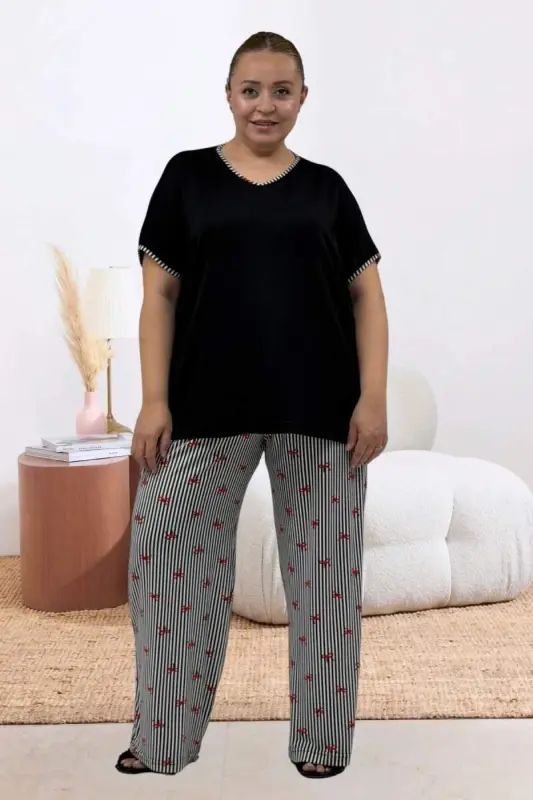 67808 Büyük Beden Kombinli Modal -Milan Pijama Takımı - Kırmızı Kurdele Desenli - 1