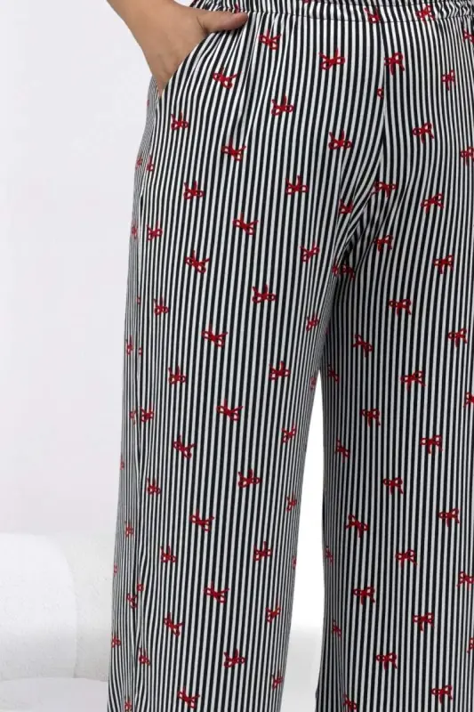 67808 Büyük Beden Kombinli Modal -Milan Pijama Takımı - Kırmızı Kurdele Desenli - 2