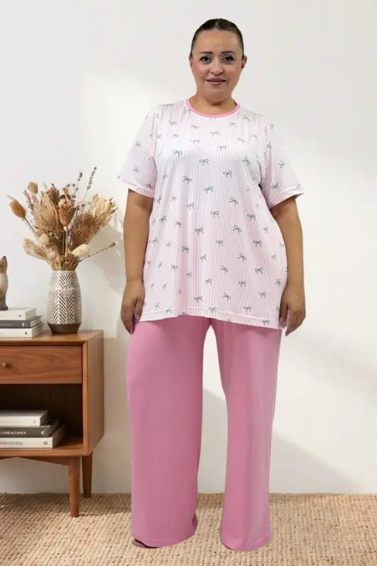67809 Büyük Beden Üstü Desenli Kombinli Milan-Modal Pijama Takımı - Antrasit Kurdele Desenli - BÜYÜKBEDENIZ