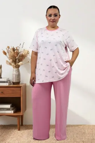 67809 Büyük Beden Üstü Desenli Kombinli Milan-Modal Pijama Takımı - Antrasit Kurdele Desenli - BÜYÜKBEDENIZ (1)