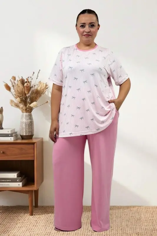 67809 Büyük Beden Üstü Desenli Kombinli Milan-Modal Pijama Takımı - Antrasit Kurdele Desenli - 2
