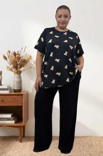 67809 Büyük Beden Üstü Desenli Kombinli Milan-Modal Pijama Takımı - Ayıcık Desenli - 1