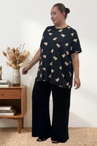 67809 Büyük Beden Üstü Desenli Kombinli Milan-Modal Pijama Takımı - Ayıcık Desenli - BÜYÜKBEDENIZ (1)
