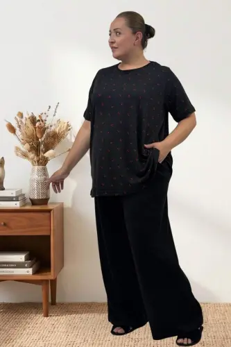 67809 Büyük Beden Üstü Desenli Kombinli Milan-Modal Pijama Takımı - Kiraz Desenli - BÜYÜKBEDENIZ (1)
