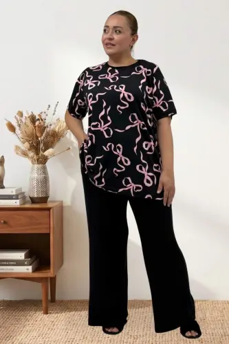 67809 Büyük Beden Üstü Desenli Kombinli Milan-Modal Pijama Takımı - Pembe Kurdele Desenli - 1