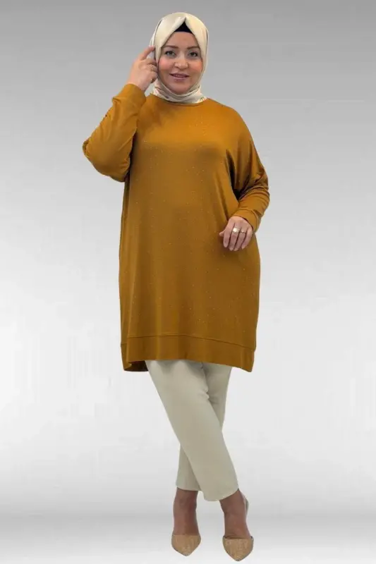 68001 Büyük Beden Önü Taş Baskı Detaylı Penye Tunik - Hardal - BÜYÜKBEDENIZ