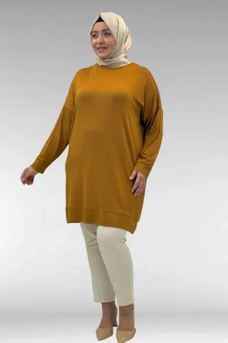 68001 Büyük Beden Önü Taş Baskı Detaylı Penye Tunik - Hardal - 3