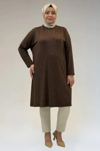 68001 Büyük Beden Önü Taş Baskı Detaylı Penye Tunik - Kahve - 1