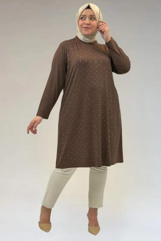 68001 Büyük Beden Önü Taş Baskı Detaylı Penye Tunik - Kahve - 2