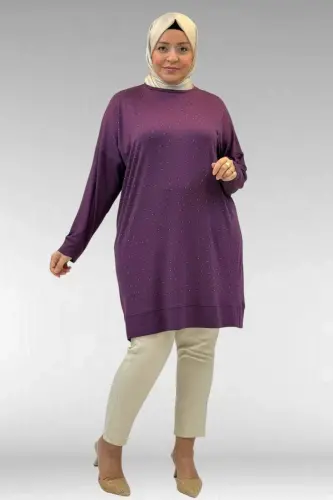 68001 Büyük Beden Önü Taş Baskı Detaylı Penye Tunik - Mürdüm - 1