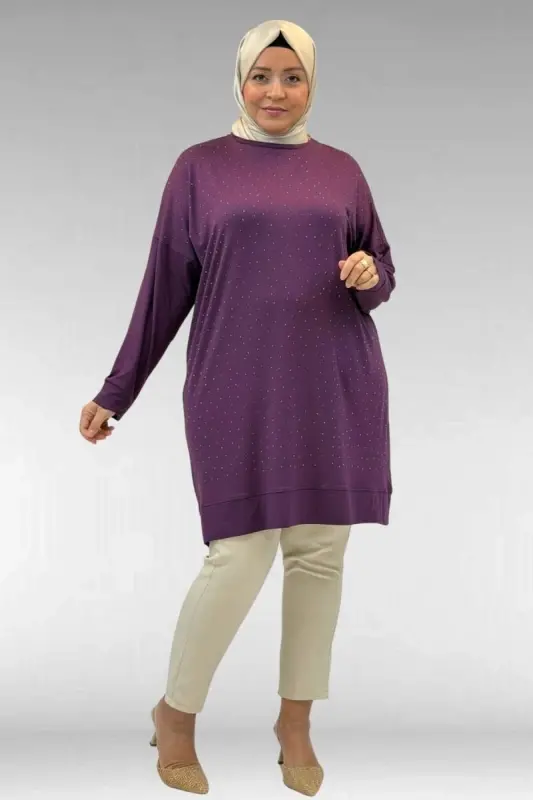 68001 Büyük Beden Önü Taş Baskı Detaylı Penye Tunik - Mürdüm - 1