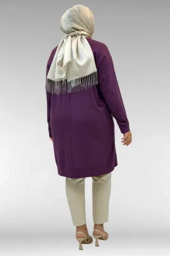 68001 Büyük Beden Önü Taş Baskı Detaylı Penye Tunik - Mürdüm - 3