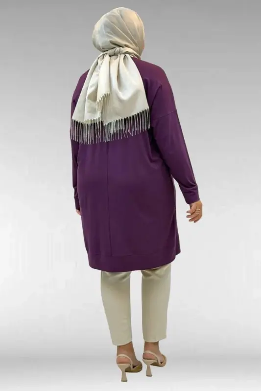 68001 Büyük Beden Önü Taş Baskı Detaylı Penye Tunik - Mürdüm - 3