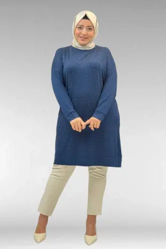 68001 Büyük Beden Önü Taş Baskı Detaylı Penye Tunik - Petrol - 1