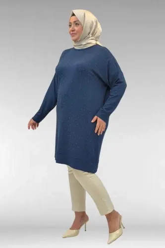 68001 Büyük Beden Önü Taş Baskı Detaylı Penye Tunik - Petrol - 3