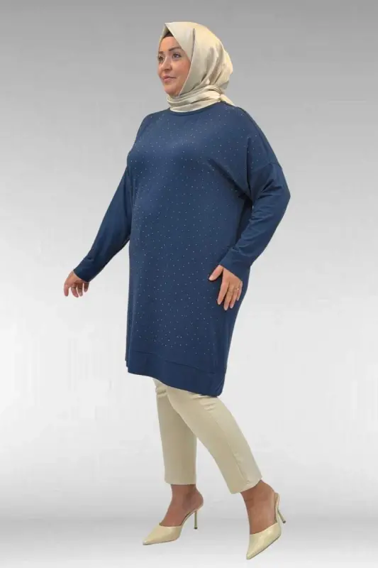 68001 Büyük Beden Önü Taş Baskı Detaylı Penye Tunik - Petrol - 3