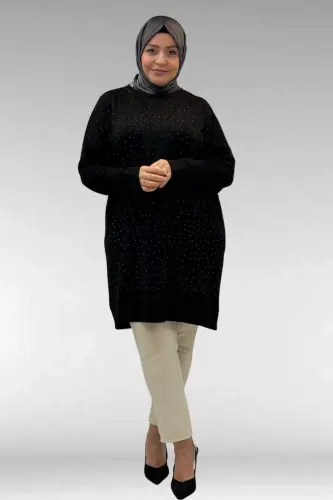 68001 Büyük Beden Önü Taş Baskı Detaylı Penye Tunik - Siyah - 1