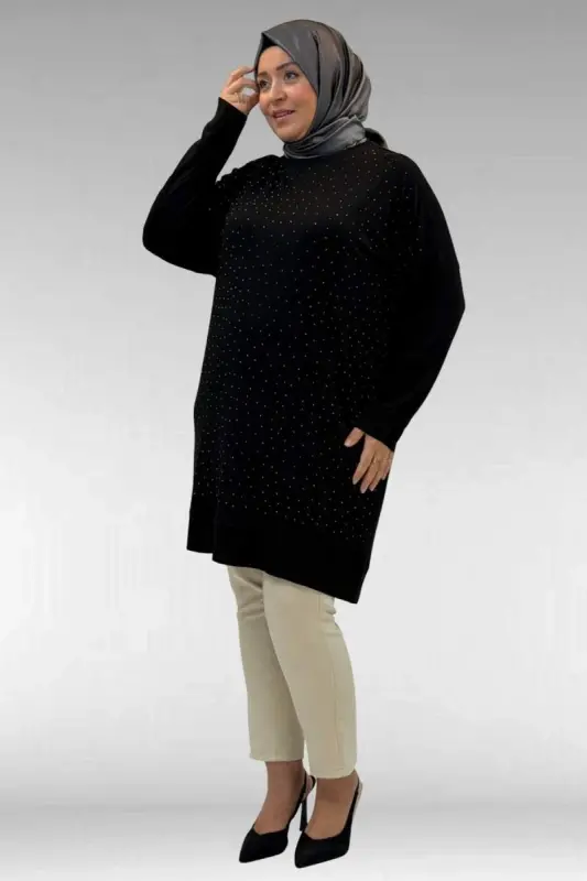 68001 Büyük Beden Önü Taş Baskı Detaylı Penye Tunik - Siyah - 3